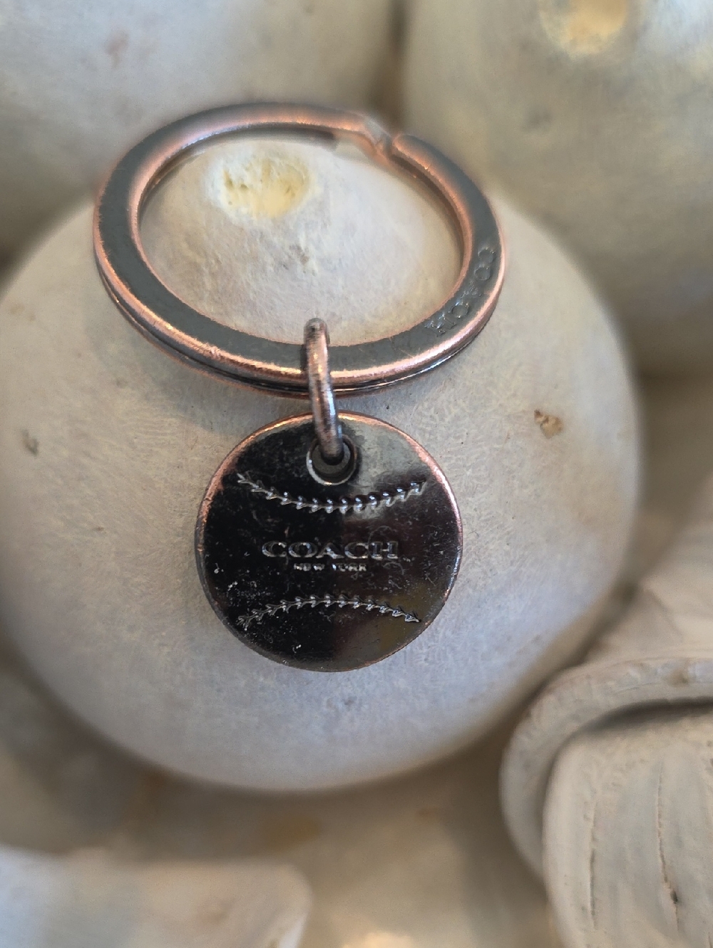 Coach Silver-Tone Brass Baseball Stitch Charm Key Ring